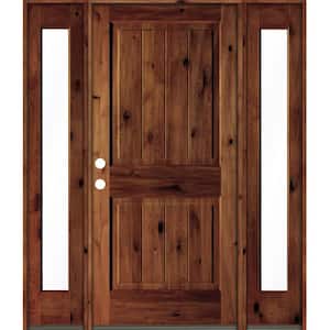 64 in. x 80 in. Rustic Alder Square Red Chestnut Stained Wood V-Groove Right Hand Single Prehung Front Door