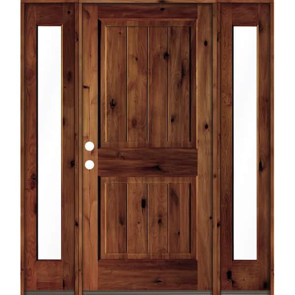 Krosswood Doors 64 in. x 80 in. Rustic Alder Square Red Chestnut Stained Wood V-Groove Right Hand Single Prehung Front Door