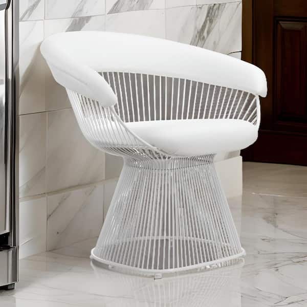 Benjara White and Chrome Faux Leather Armchair with Slatted Metal Curved Back