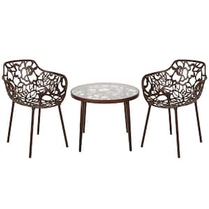 Devon 3-Piece Aluminum Set with Round Table with Glass Top Outdoor Dining and 2 Stackable Armchairs in Brown