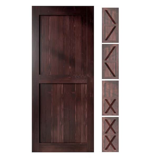 HOMACER 42 in. x 80 in. 5-in-1 Design Red Mahogany Solid Natural Pine Wood Panel Interior Sliding Barn Door Slab with Frame