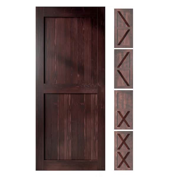 HOMACER 44 in. x 80 in. 5-in-1 Design Red Mahogany Solid Natural Pine Wood Panel Interior Sliding Barn Door Slab with Frame