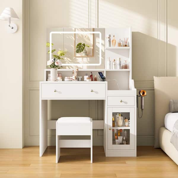 JEAREY Vanity Set with Ottoman and Mirror Power Outlet and Hair Dryer Bracket Makeup Table with Drawers for Bedroom in White
