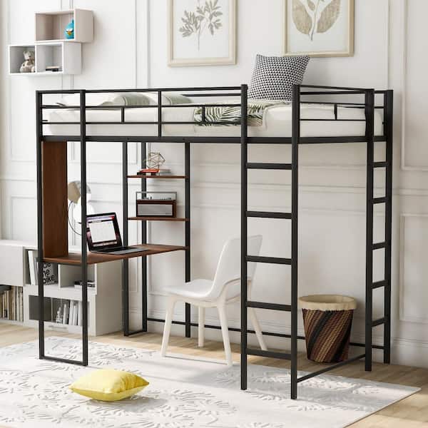 ANBAZAR Black Twin Size Metal Loft Bed with 2-tier Shelves and one Desk, Twin Kids Metal Frame Loft Bed, Kids Loft Bed with Desk