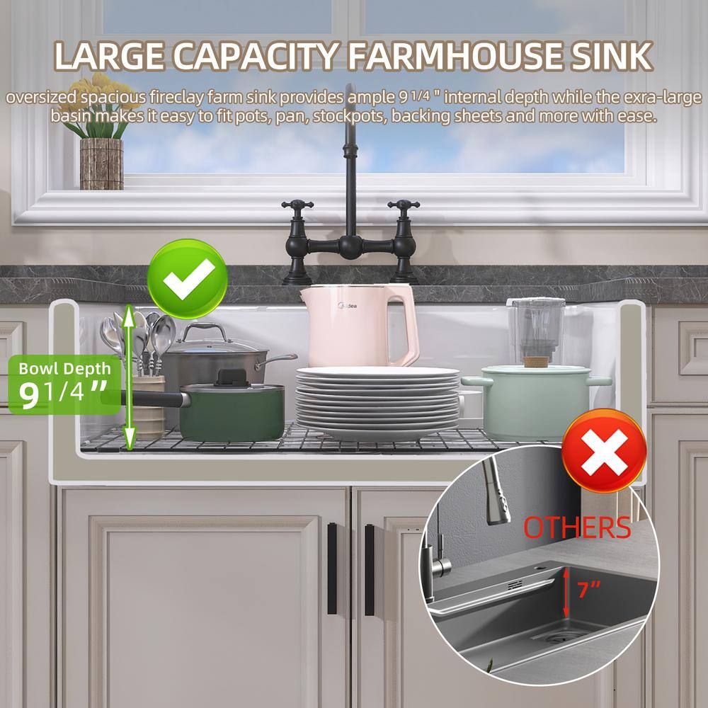 White Fireclay Single Bowl Farmhouse Kitchen Sink with Grid