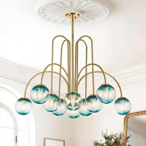 Ayden Modern 10-Light Gold Sputnik Sphere Chandelier with Blue Glass Globe Bubble