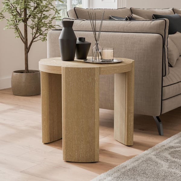 Ashford 20 in. Oak Round Wood End Table with Plinth Base