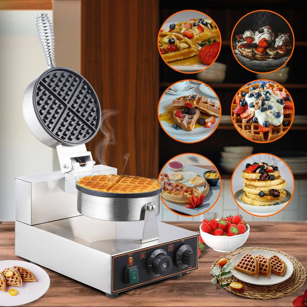 1300-Watt Silver Stainless Steel Belgian Waffle Maker with Adjustable Temperature and Timer