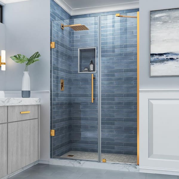Aston Belmore 48.25 to 49.25 in. W x 72 in. H Frameless Hinged Shower Door in Brushed Gold