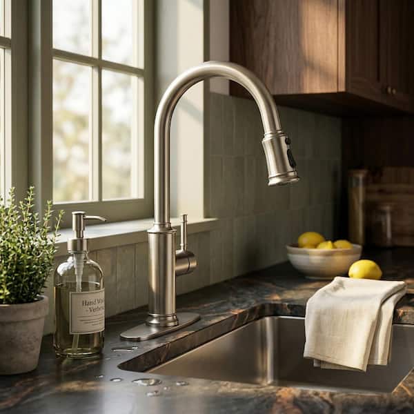 Single Handle Pull Down Sprayer Kitchen Faucet with 3 Spray Mode , Pull Out Sprayer in Brushed Nickel