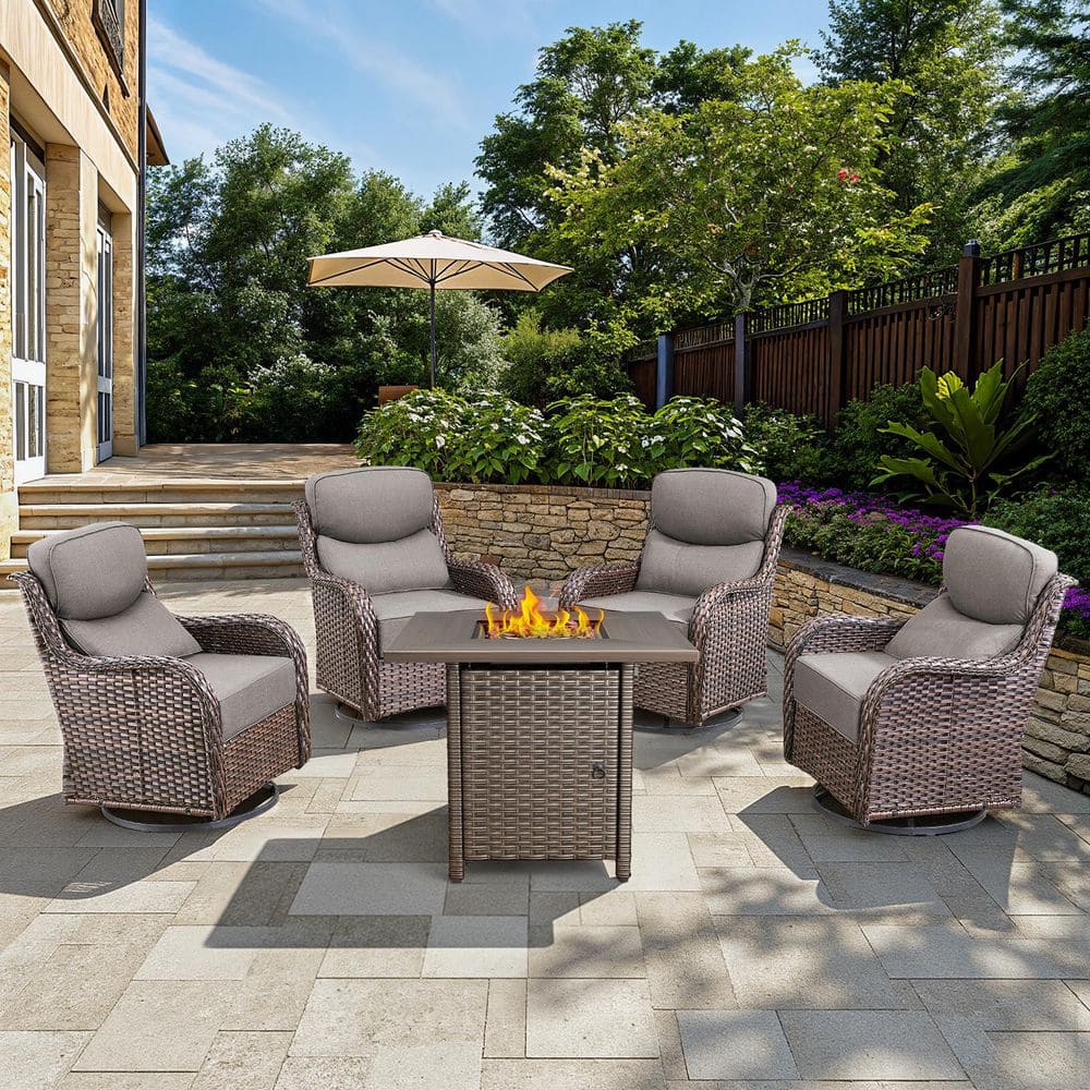 Arcadia Brown 5-Piece Wicker Patio Fire Pit Set, 4-Person Seating Set with Olefin Gray Cushions and Swivel Gliders price history on PriceWatchPro