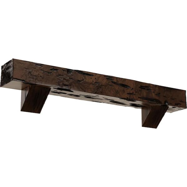 Ekena Millwork 8 in. x 10 in. x 7 ft. Pecky Cypress Faux Wood Fireplace Mantel Kit with Breckinridge Corbels, Premium Aged