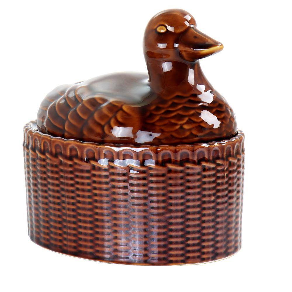 Brown Stoneware Goose-Shaped Oval Baker with Lid