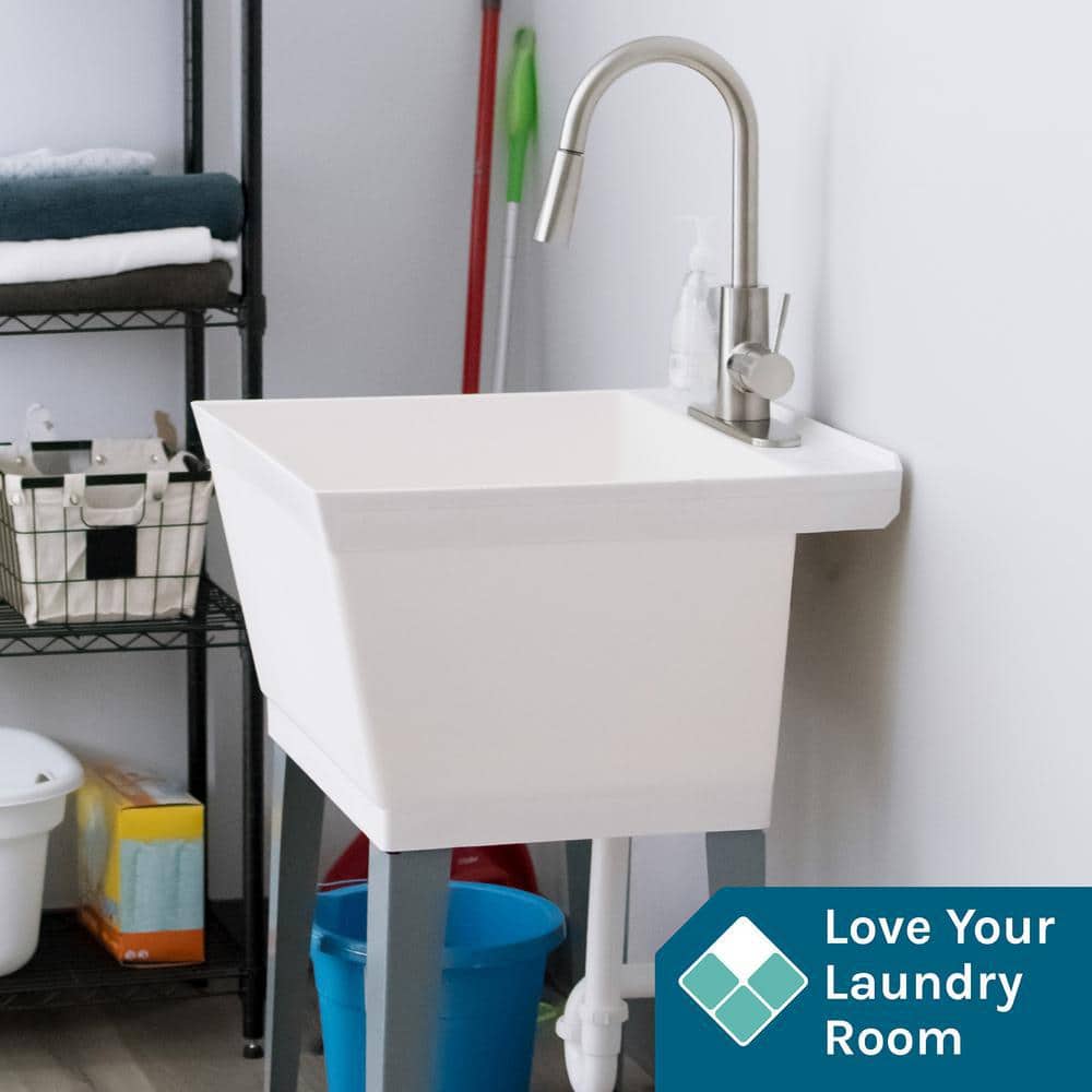 White Freestanding Utility Sink with Stainless Steel Faucet