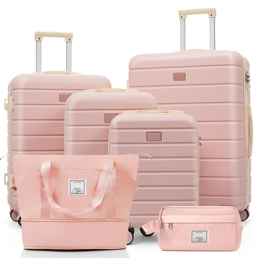 6-Piece Pink ABS Plastic Spinner 16 20 24 28 Luggage Set with Expandable Travel Duffel Bag, Waterproof Toiletry Kit