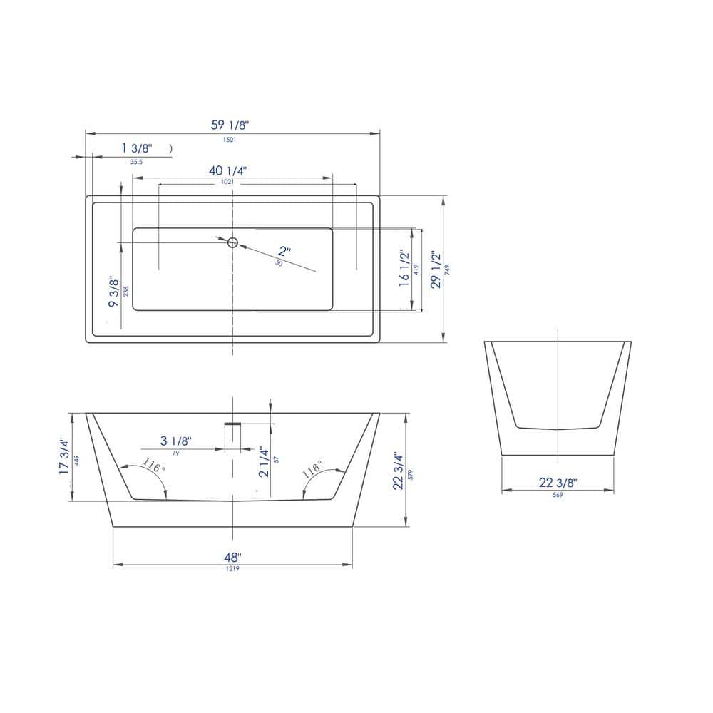 59'' White Rectangular Freestanding Acrylic Soaking Bathtub